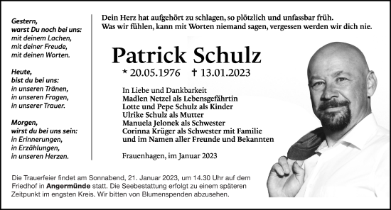 Traueranzeige von Patrick Schulz von Märkische Oderzeitung