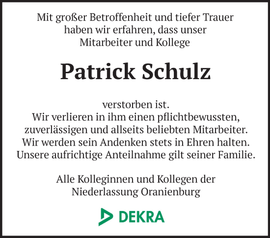 Traueranzeige von Patrick Schulz von Märkische Oderzeitung