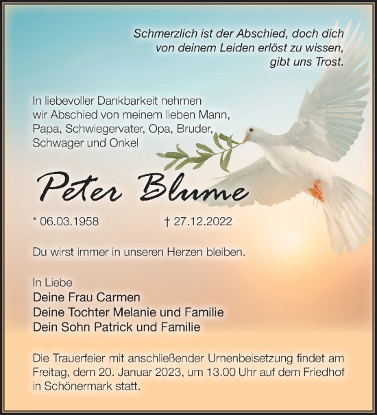 Traueranzeige von Peter Blume von Märkische Oderzeitung