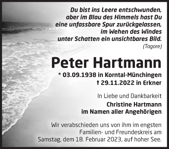 Traueranzeige von Peter Hartmann von Märkische Oderzeitung