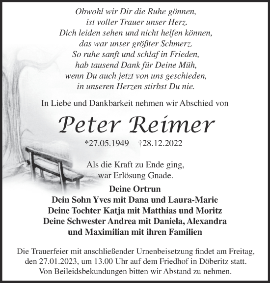 Traueranzeige von Peter Reimer von Märkische Oderzeitung