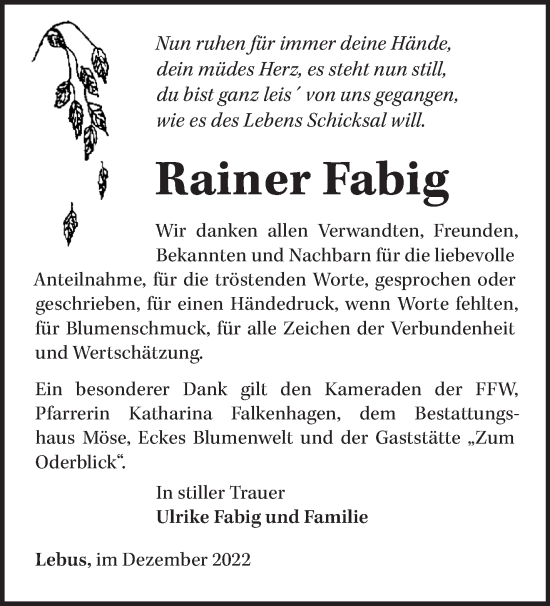 Traueranzeige von Rainer Fabig von Märkische Oderzeitung