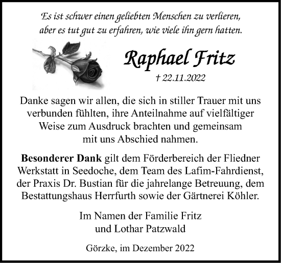 Traueranzeige von Raphael Fritz von Märkische Oderzeitung