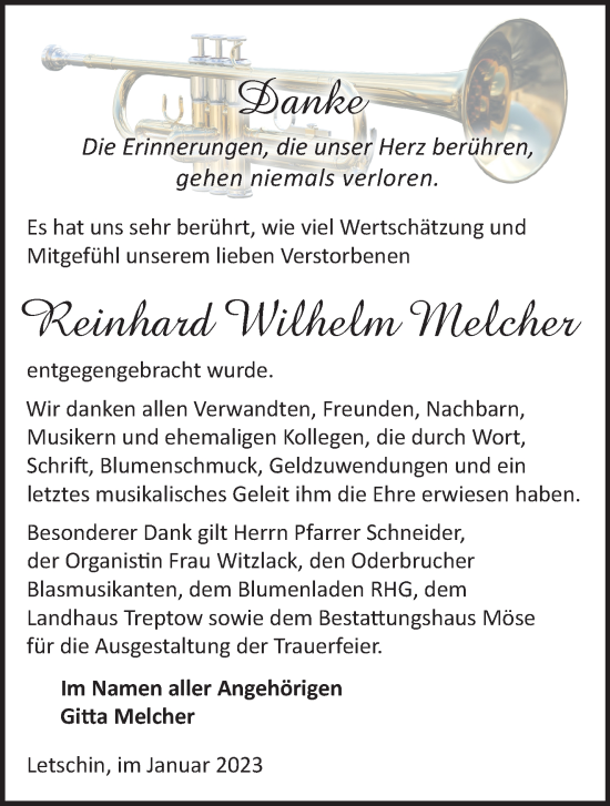 Traueranzeige von Reinhard Wilhelm Melcher von Märkische Oderzeitung