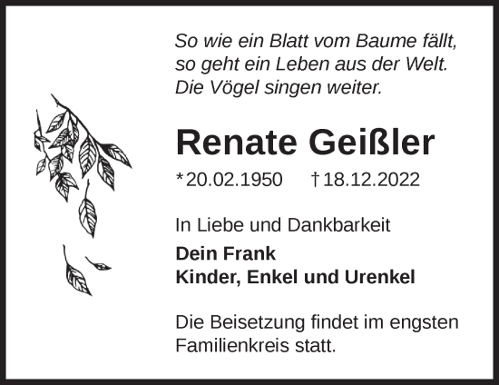 Traueranzeige von Renate Geißler von Märkische Oderzeitung