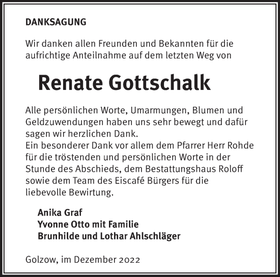 Traueranzeige von Renate Gottschalk von Märkische Oderzeitung