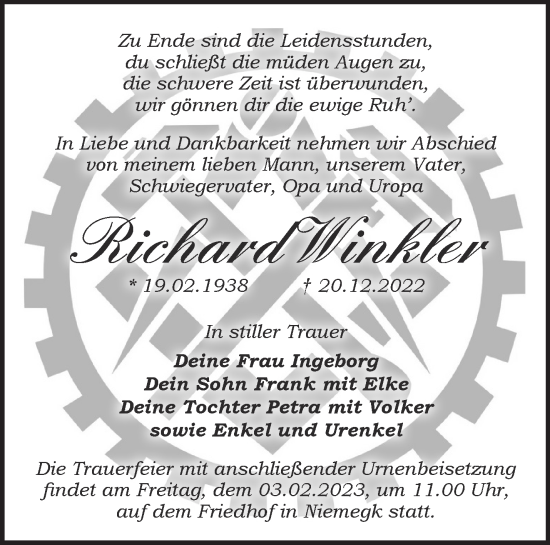 Traueranzeige von Richard Winkler von Märkische Oderzeitung