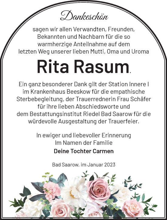 Traueranzeige von Rita Rasum von Märkische Oderzeitung