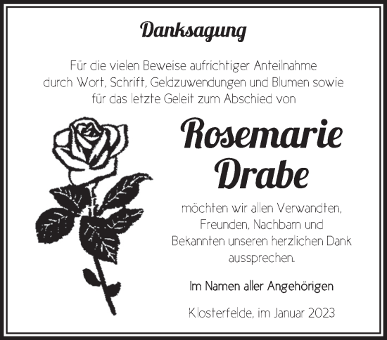 Traueranzeige von Rosemarie Drabe von Märkische Oderzeitung