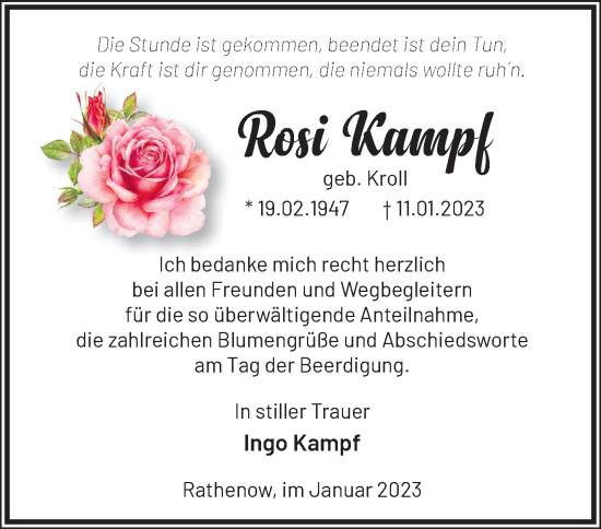 Traueranzeige von Rosi Kampf von Märkische Oderzeitung