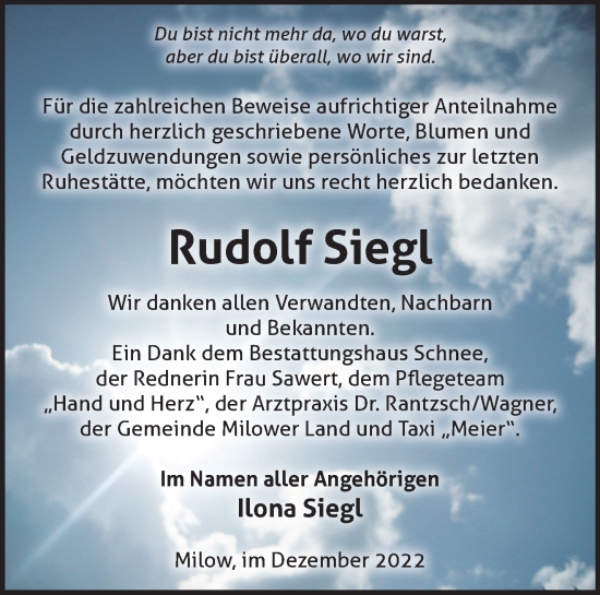 Traueranzeige von Rudolf Siegl von Märkische Oderzeitung