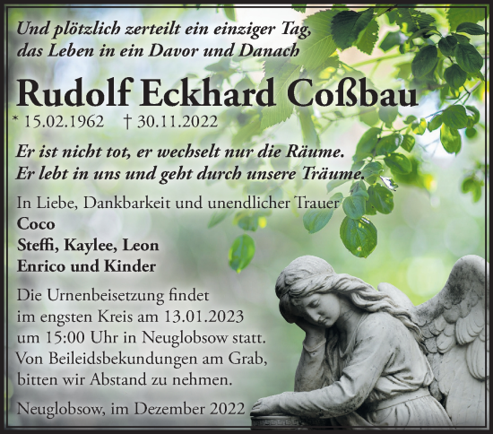 Traueranzeige von Rudolf Eckhard Coßbau von Märkische Oderzeitung