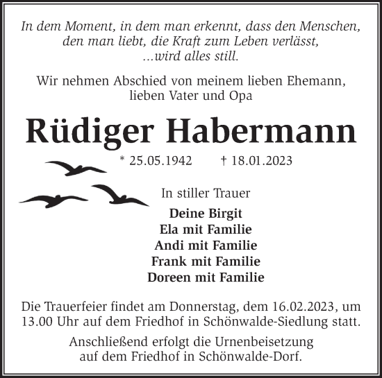 Traueranzeige von Rüdiger Habermann von Märkische Oderzeitung