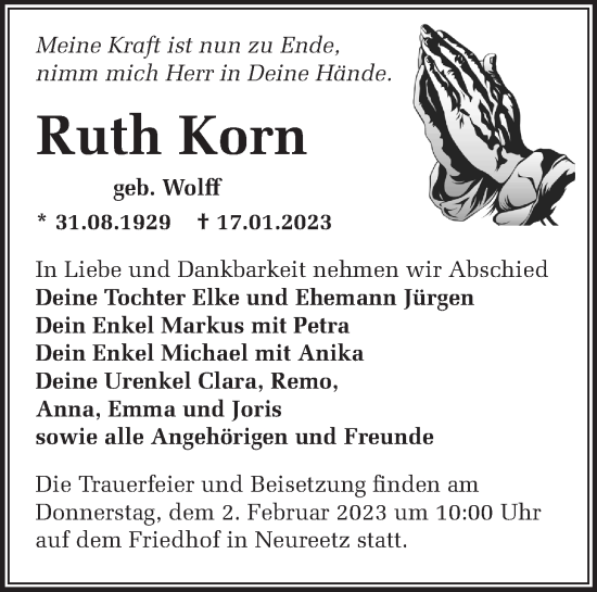 Traueranzeige von Ruth Korn von Märkische Oderzeitung