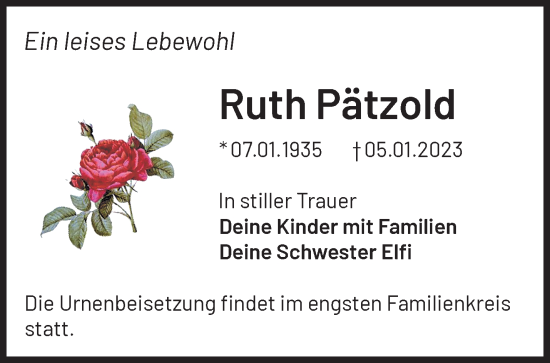 Traueranzeige von Ruth Pätzold von Märkische Oderzeitung