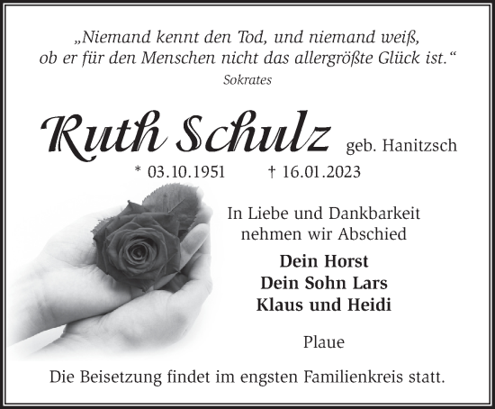 Traueranzeige von Ruth Schulz von Märkische Oderzeitung