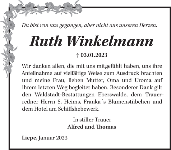 Traueranzeige von Ruth Winkelmann von Märkische Oderzeitung