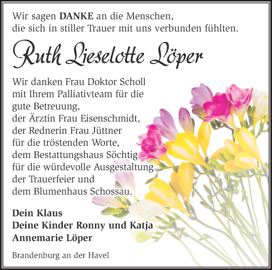 Traueranzeige von Ruth Lieselotte Löper von Märkische Oderzeitung