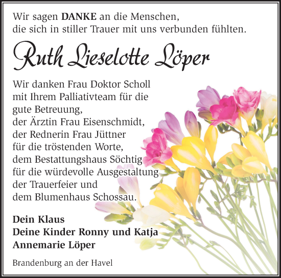 Traueranzeige von Ruth Lieselotte Löper von Märkische Oderzeitung