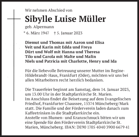 Traueranzeige von Sibylle Luise Müller von Märkische Oderzeitung