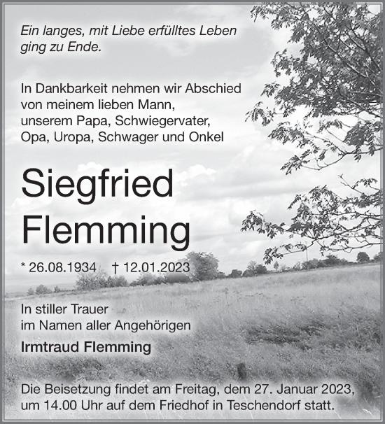 Traueranzeige von Siegfried Flemming von Märkische Oderzeitung