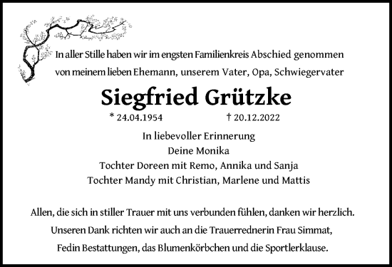 Traueranzeige von Siegfried Grützke von Märkische Oderzeitung