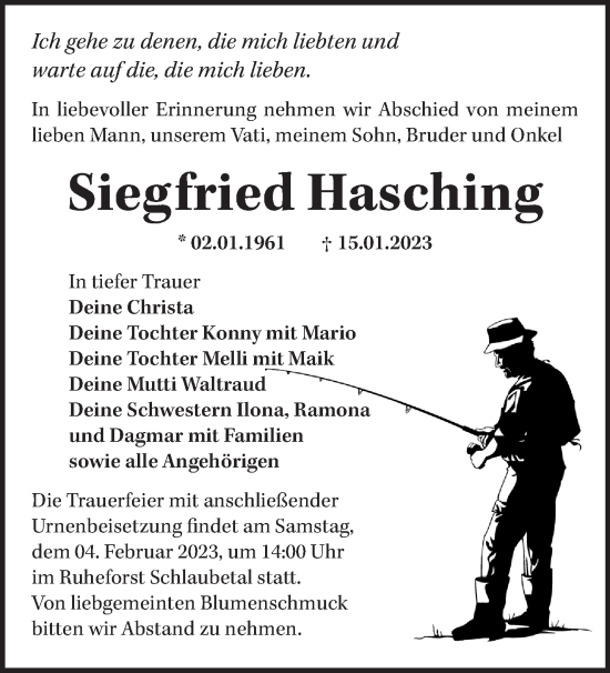 Traueranzeige von Siegfried Hasching von Märkische Oderzeitung