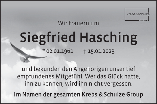 Traueranzeige von Siegfried Hasching von Märkische Oderzeitung