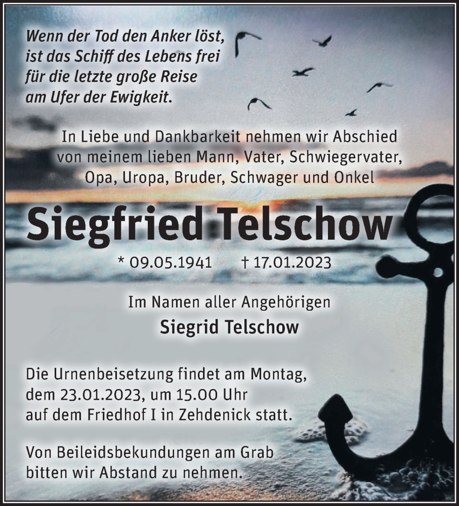  Traueranzeige für Siegfried Telschow vom 21.01.2023 aus Märkische Oderzeitung