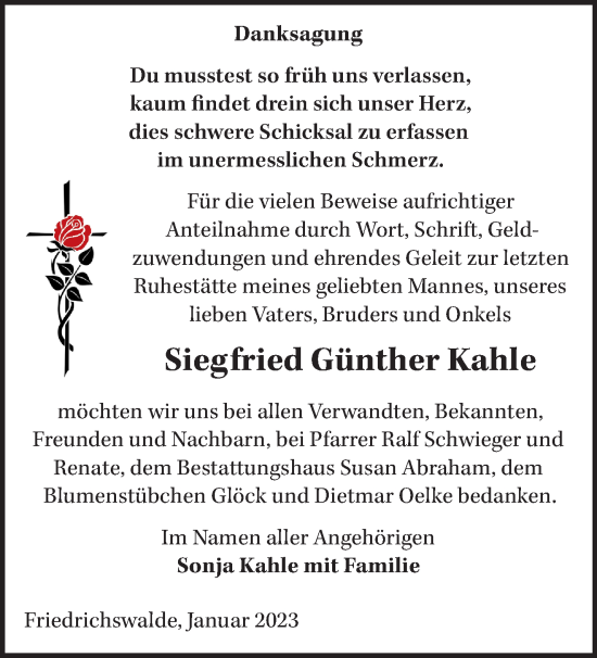 Traueranzeige von Siegfried Günther Kahle von Märkische Oderzeitung