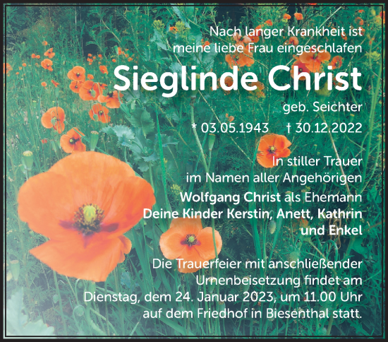 Traueranzeige von Sieglinde Christ von Märkische Oderzeitung