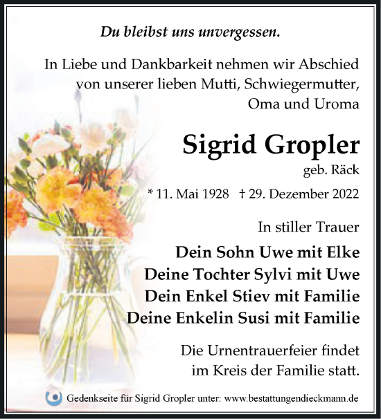 Traueranzeige von Sigrid Gropler von Märkische Oderzeitung