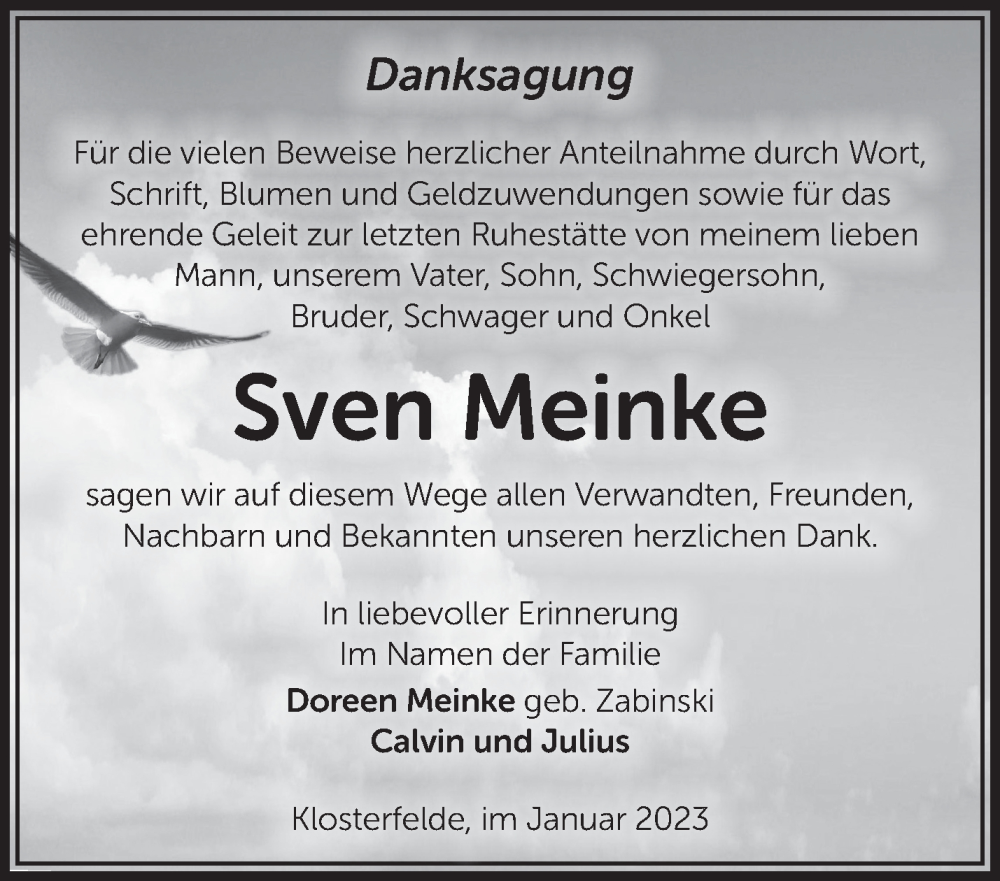  Traueranzeige für Sven Meinke vom 29.01.2023 aus Märkische Oderzeitung