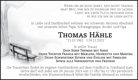 Traueranzeige von Thomas Hähle von Märkische Oderzeitung