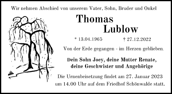 Traueranzeige von Thomas Lublow von Märkische Oderzeitung