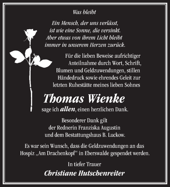 Traueranzeige von Thomas Wienke von Märkische Oderzeitung