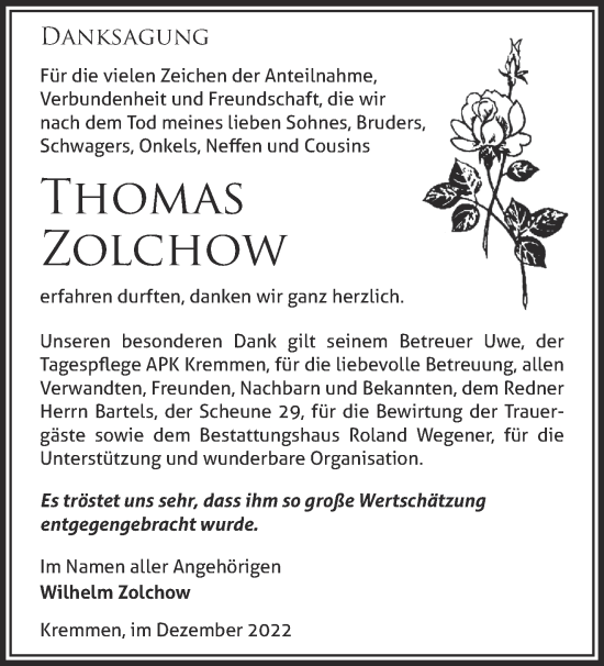 Traueranzeige von Thomas Zolchow von Märkische Oderzeitung