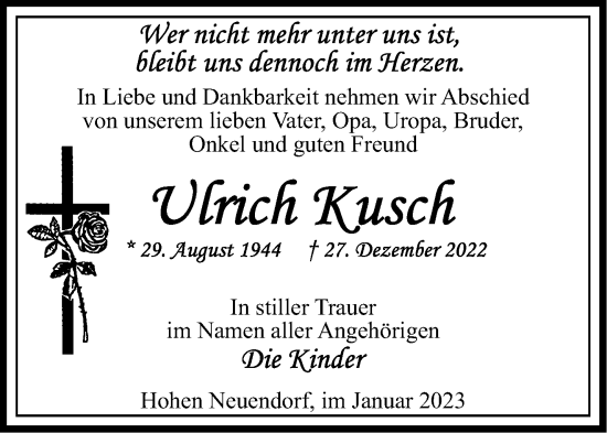 Traueranzeige von Ulrich Kusch von Märkische Oderzeitung