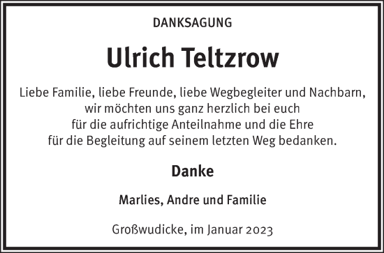 Traueranzeige von Ulrich Teltzrow von Märkische Oderzeitung