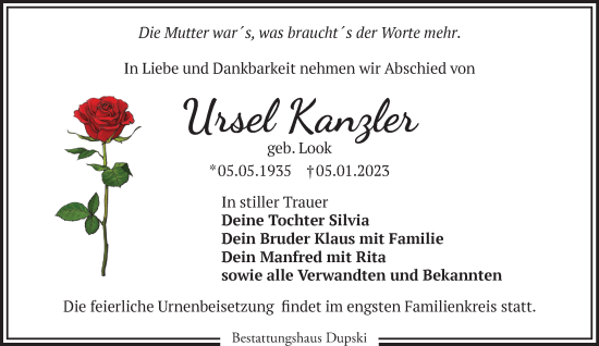 Traueranzeige von Ursel Kanzler von Märkische Oderzeitung