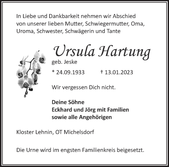 Traueranzeige von Ursula Hartung von Märkische Oderzeitung