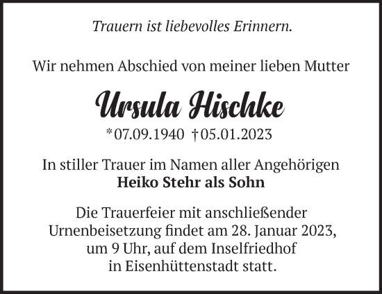 Traueranzeige von Ursula Hischke von Märkische Oderzeitung