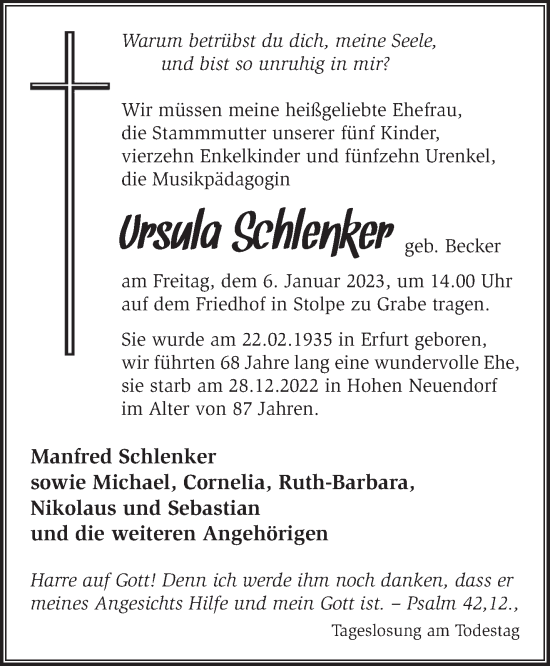 Traueranzeige von Ursula Schlenker von Märkische Oderzeitung