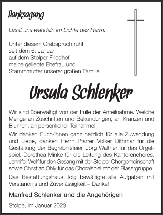 Traueranzeige von Ursula Schlenker von Märkische Oderzeitung