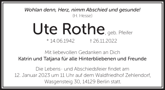 Traueranzeige von Ute Rothe von Märkische Oderzeitung