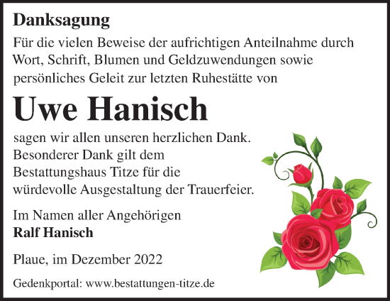 Traueranzeige von Uwe Hanisch von Märkische Oderzeitung