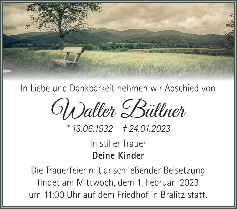  Traueranzeige für Walter Büttner vom 29.01.2023 aus Märkische Oderzeitung