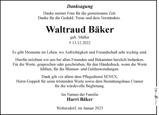 Traueranzeige von Waltraud Bäker von Märkische Oderzeitung