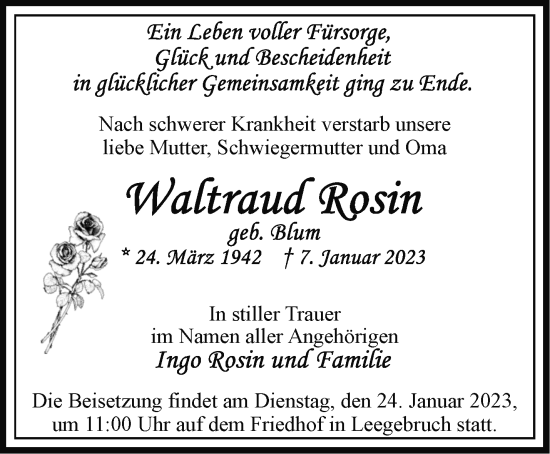 Traueranzeige von Waltraud Rosin von Märkische Oderzeitung