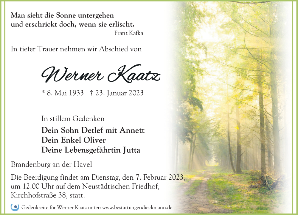  Traueranzeige für Werner Kaatz vom 29.01.2023 aus Märkische Oderzeitung